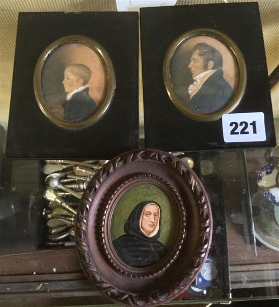 19C English School, miniature profile portrait of a gentleman & another of a boy, ebonised frames & an Italian souvenir miniature